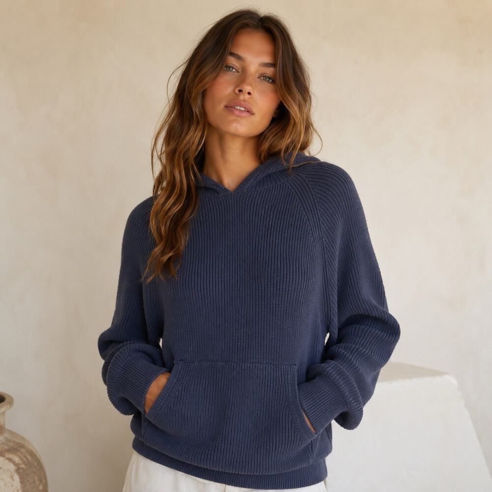 Edikted Womens Wynter Blue Oversized Knit Hoodie Sweater Cozy Lounge Soft Sz S
